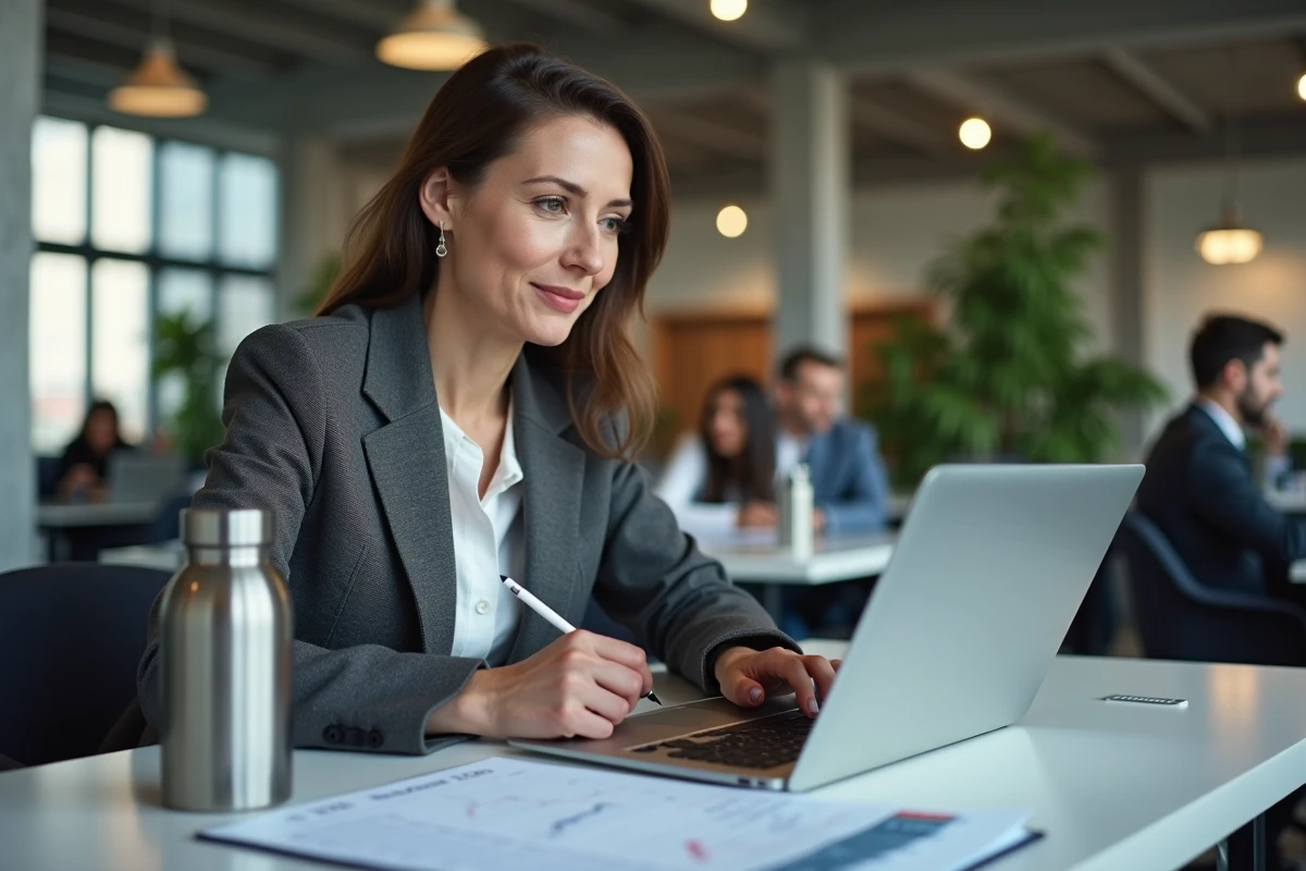 Femme professionnelle planifiant son calendrier de trading 2026 avec un planning des horaires des marchés boursiers dans un espace de coworking