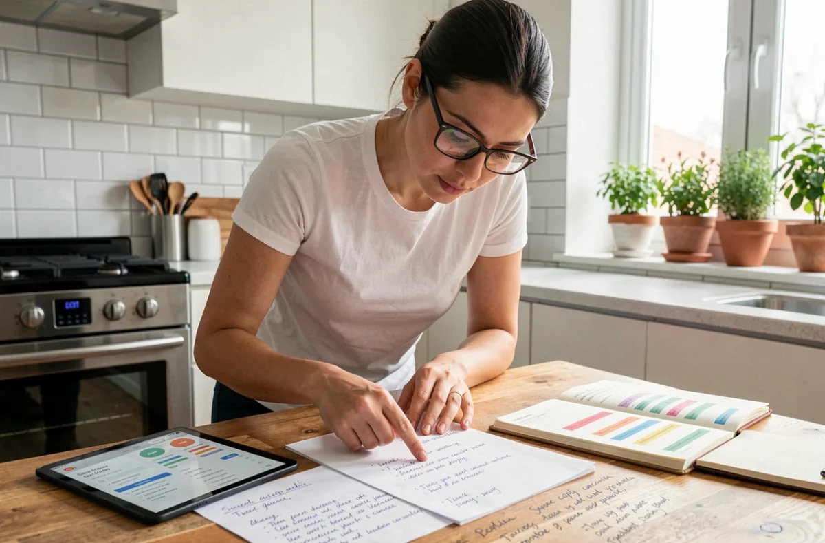 Femme étudiant une timeline manuscrite et une application financière sur tablette à une table de cuisine, représentant la planification des missions bourse dans GTA 5