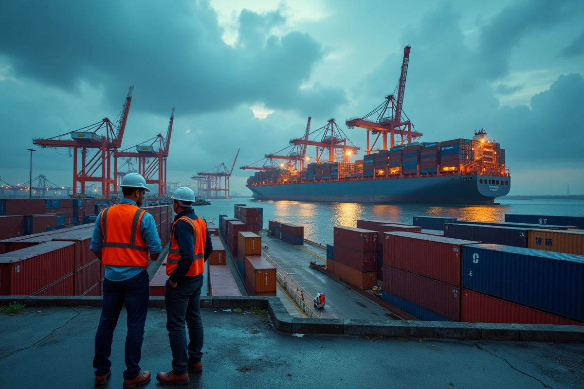 Port commercial international avec des porte-conteneurs de différentes nations, grues industrielles et dockers, illustrant la complexité des échanges économiques mondiaux
