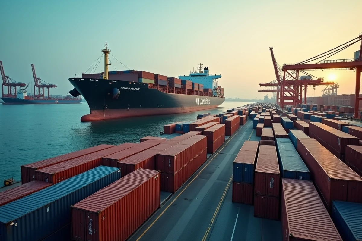 Porte-conteneurs CMA CGM dans un grand port industriel illustrant l'activité maritime et l'investissement boursier