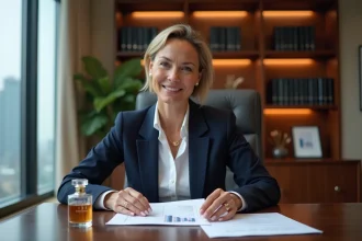 Femme professionnelle analysant un portefeuille boursier diversifié avec des documents financiers et un flacon Dior en arrière-plan dans un bureau élégant