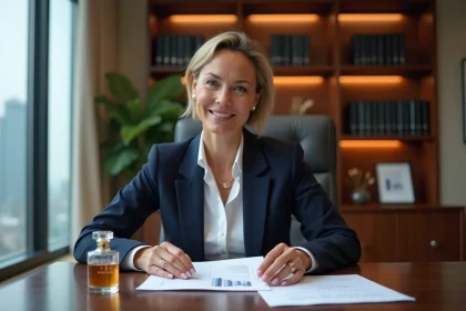 Femme professionnelle analysant un portefeuille boursier diversifié avec des documents financiers et un flacon Dior en arrière-plan dans un bureau élégant