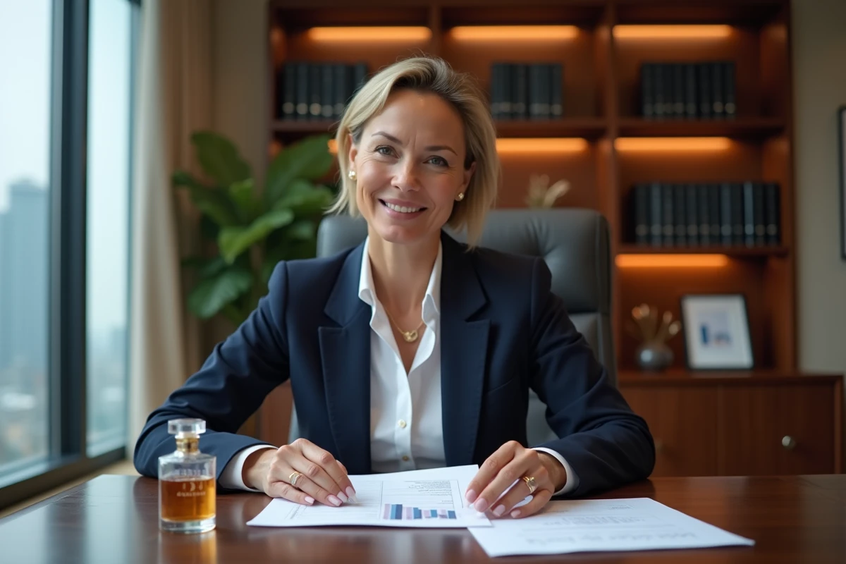 Femme professionnelle analysant un portefeuille boursier diversifié avec des documents financiers et un flacon Dior en arrière-plan dans un bureau élégant