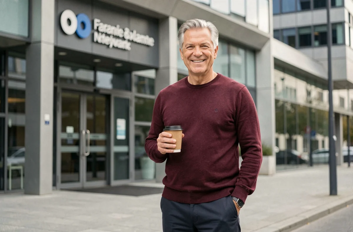 Célèbre présentateur de TF1 devant les locaux d'une chaîne de télévision française, tenue décontractée chic avec café à la main