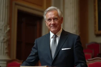 Homme politique en costume sombre à la tribune du Sénat français, illustrant la transparence patrimoniale du président du Sénat