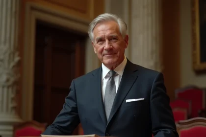 Homme politique en costume sombre à la tribune du Sénat français, illustrant la transparence patrimoniale du président du Sénat