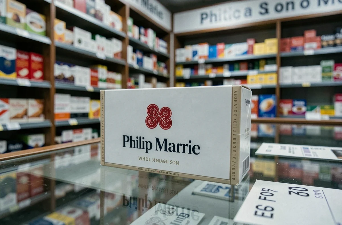 Paquet de cigarettes Philip Morris avec étiquette de prix en euros dans un bureau de tabac espagnol