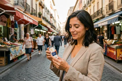 Femme tenant un paquet de cigarettes Philip Morris dans une rue commerçante de Barcelone en Espagne