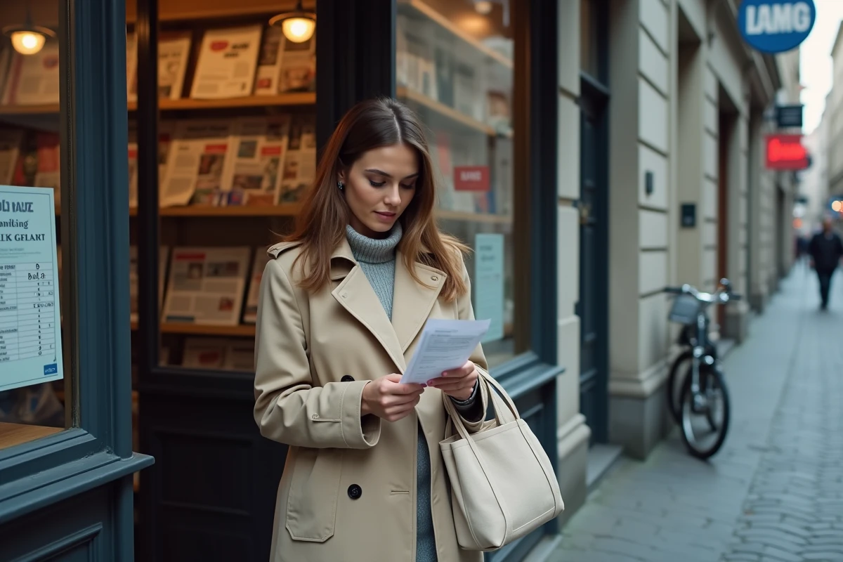 Femme devant un bureau de tabac belge regardant les prix des cigarettes dans la rue pavée de Bruxelles