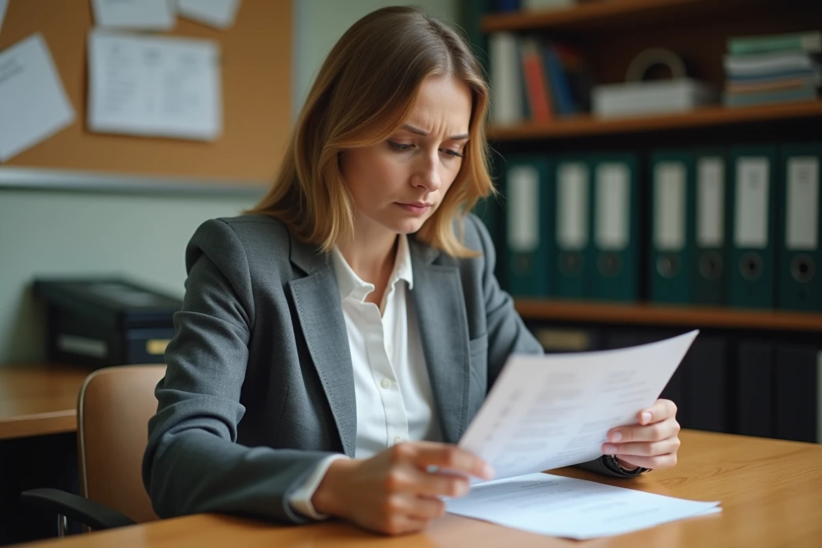 Professeure à temps partiel analysant sa fiche de paie dans la salle des professeurs