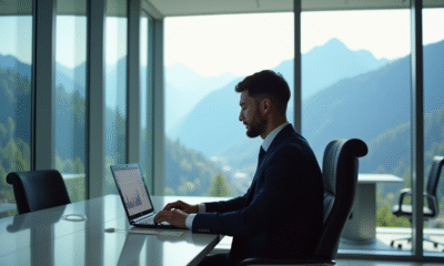 Professionnel confiant analysant graphiques financiers avec vue sur Alpes