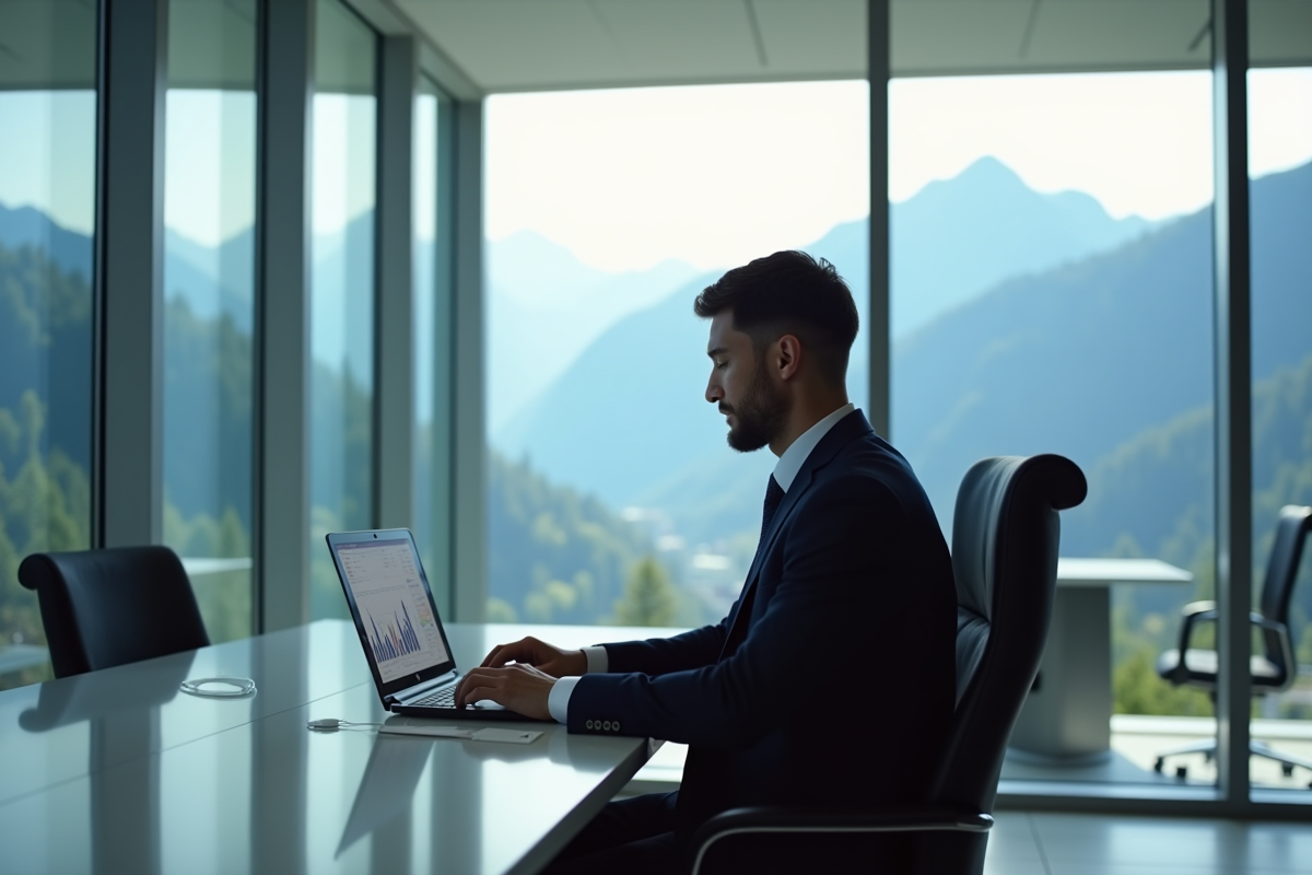 Professionnel confiant analysant graphiques financiers avec vue sur Alpes