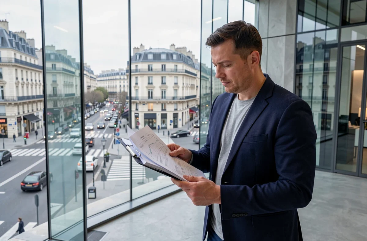 Professionnel parisien consultant des rapports boursiers devant une fenêtre avec vue sur le quartier financier