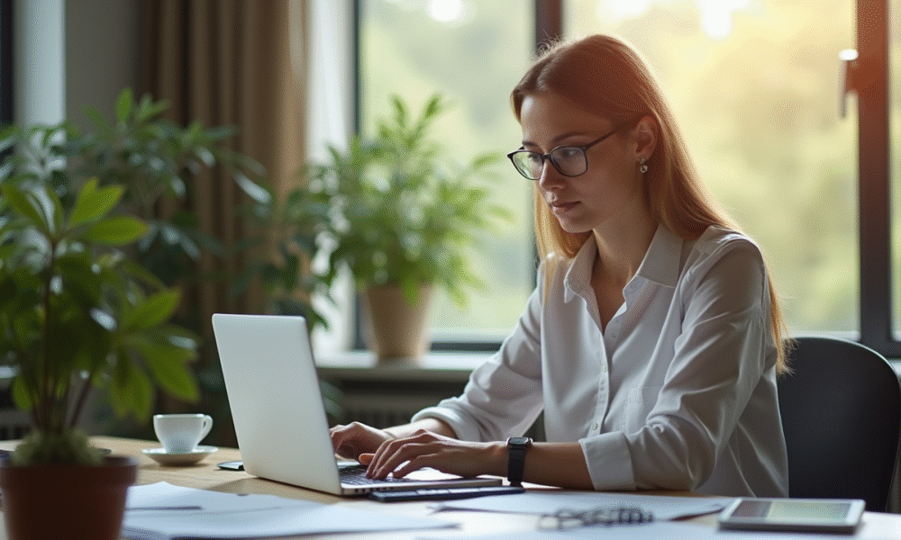Professionnel indépendant travaillant sur un ordinateur portable dans un bureau moderne
