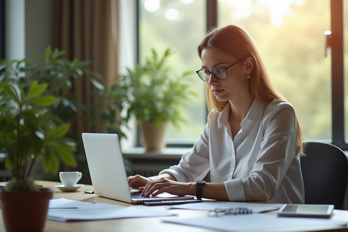 Professionnel indépendant travaillant sur un ordinateur portable dans un bureau moderne