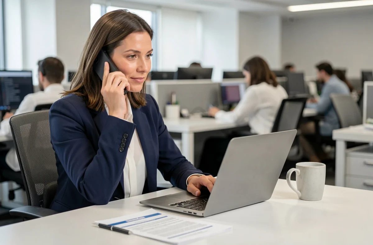 Femme en contact avec sa mutuelle depuis son bureau pour obtenir une prime de naissance