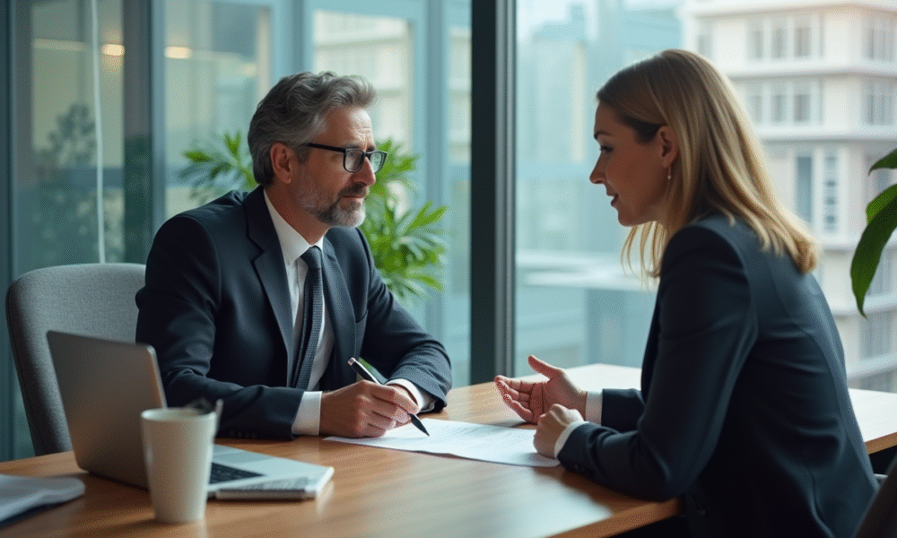 Professionnels en réunion dans une banque moderne