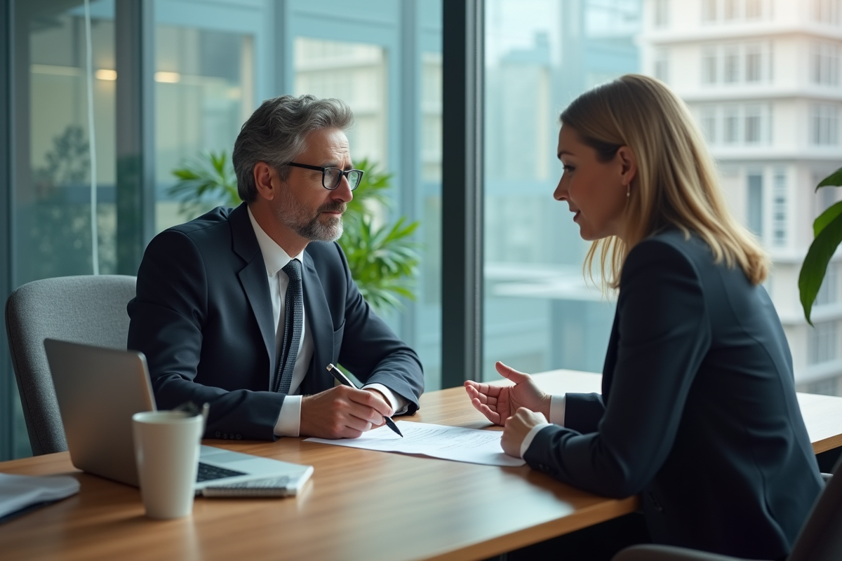 Professionnels en réunion dans une banque moderne