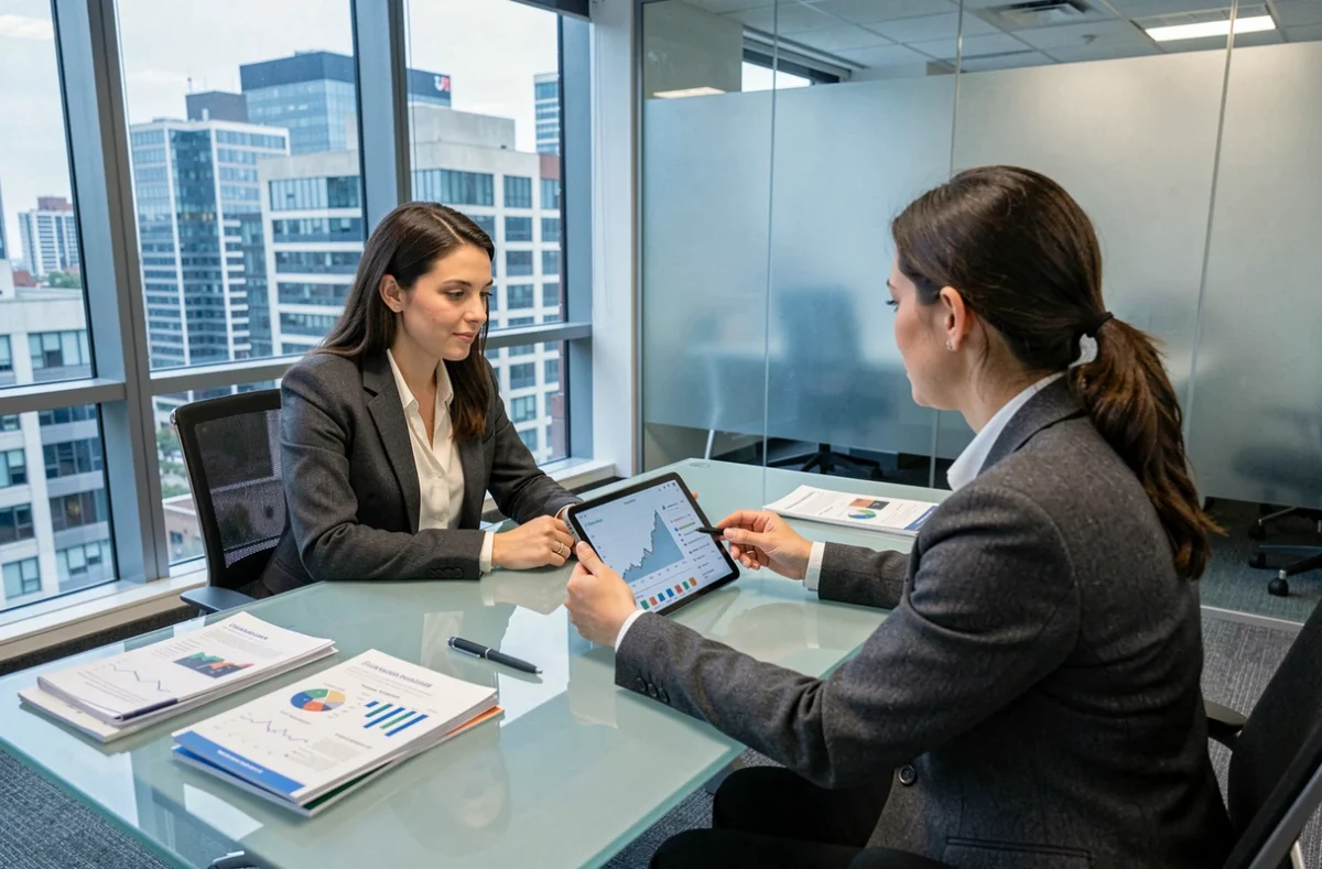 Femme en réunion avec un conseiller financier discutant d'un investissement en SCPI avec des graphiques sur tablette dans un bureau moderne