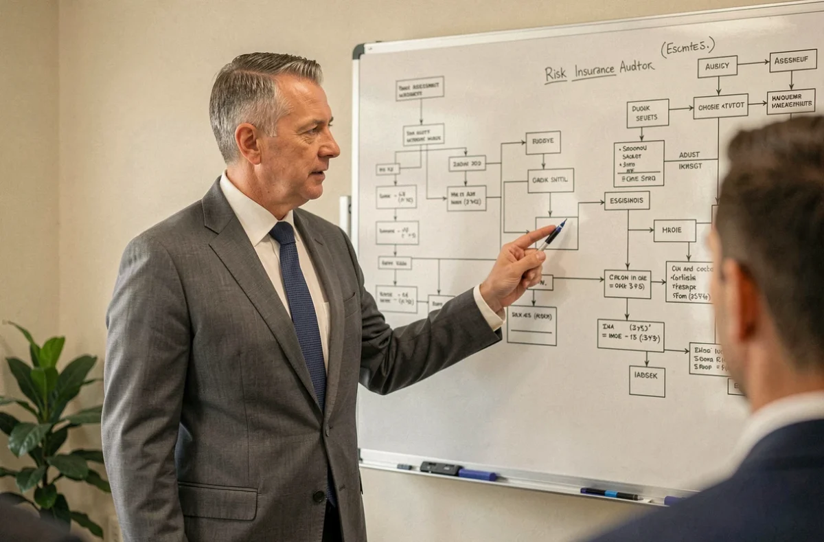 Expert de RV Audit Conseil présentant un audit de risques devant un tableau blanc dans une salle de réunion professionnelle