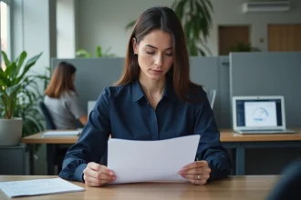 Femme salariée en CDI examinant un contrat de travail dans un bureau moderne, illustrant les conditions d'éligibilité à la prime d'activité