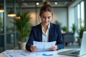 Salariée en blazer marine consultant des documents d'épargne salariale à son bureau dans un open space moderne