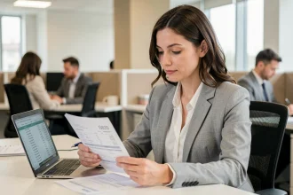 Salariée du secteur privé analysant sa fiche de paie avec calcul brut net 2300 euros