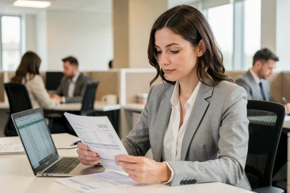 Salariée du secteur privé analysant sa fiche de paie avec calcul brut net 2300 euros