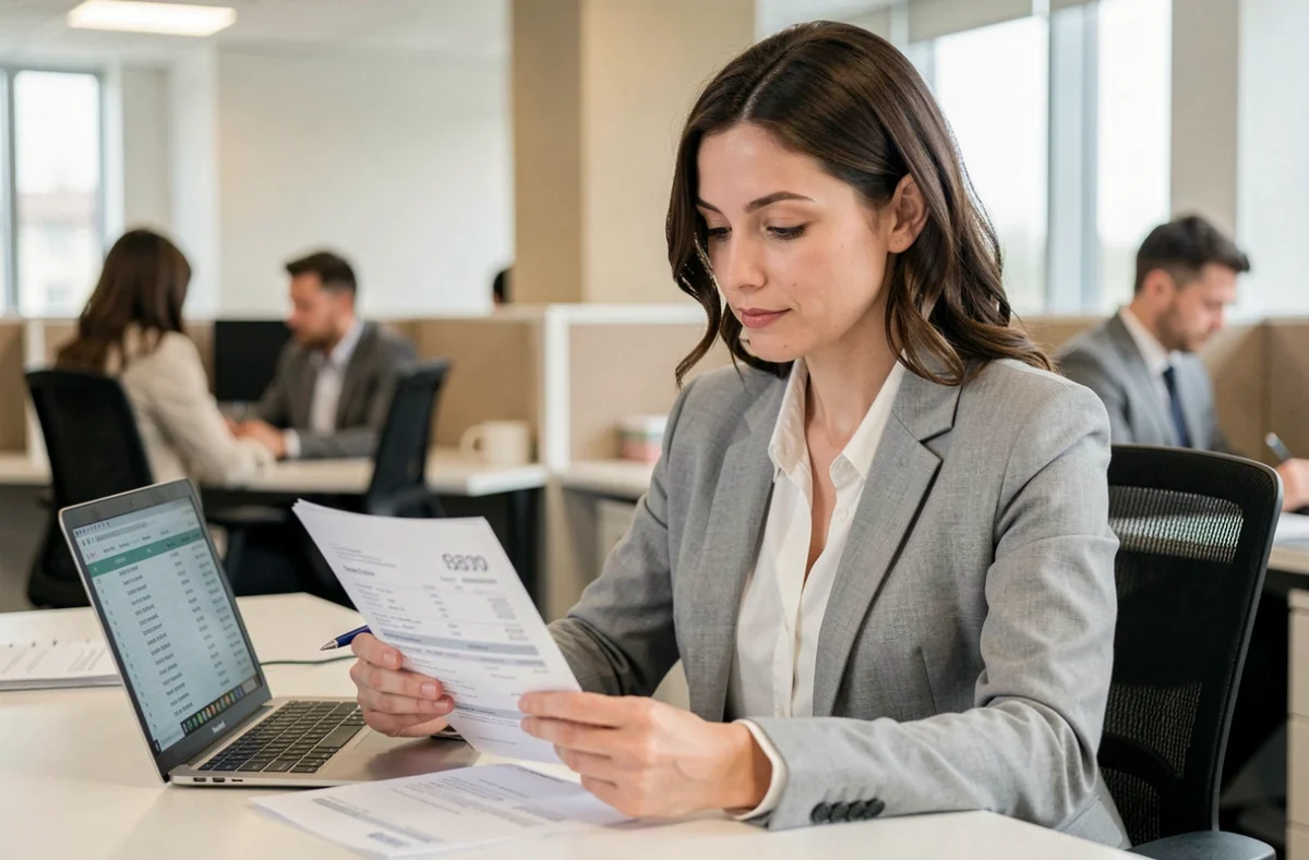 Salariée du secteur privé analysant sa fiche de paie avec calcul brut net 2300 euros