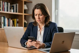 Femme vérifiant la sécurité de son accès bancaire LCL sur un ordinateur portable à domicile