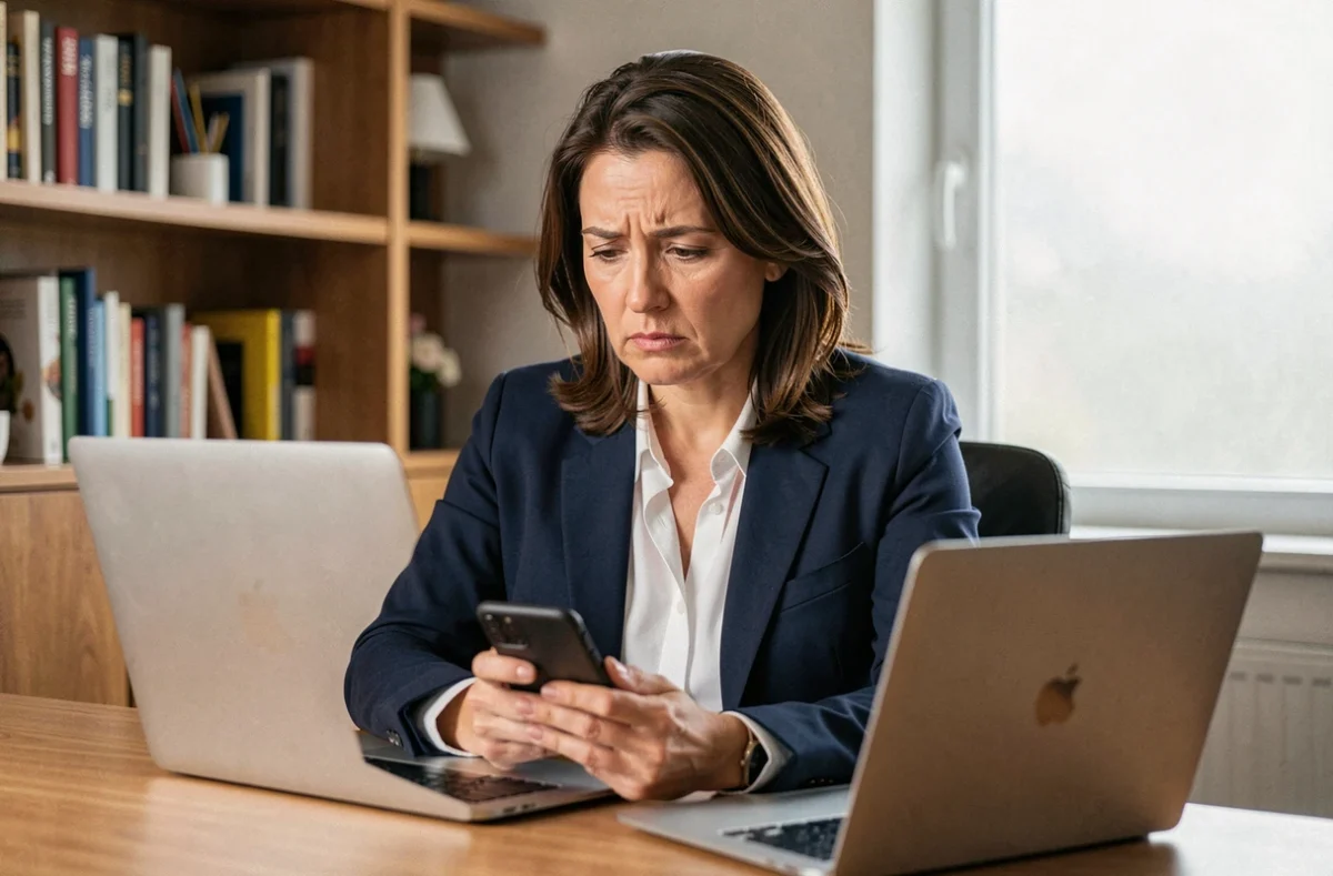 Femme vérifiant la sécurité de son accès bancaire LCL sur un ordinateur portable à domicile