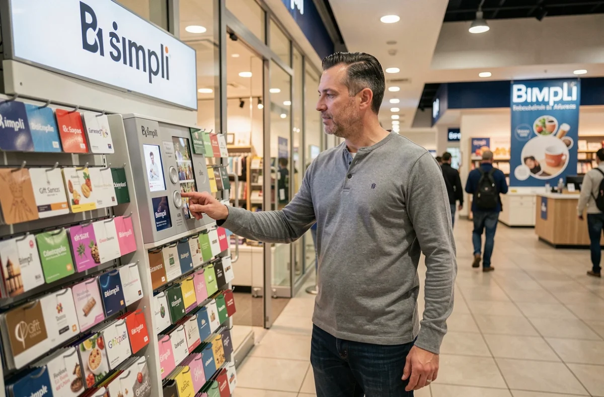 Homme sélectionnant une carte cadeau Bimpli dans un présentoir d'une enseigne partenaire