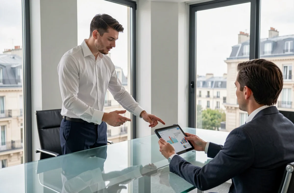 Alexandre Dervieux de SFP Courtage présentant une offre d'assurance à un client dans un bureau moderne et lumineux à Lyon