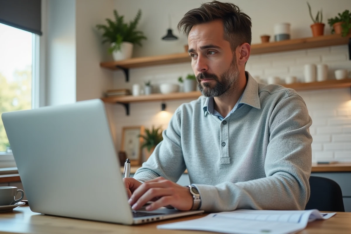 Homme consultant une simulation de salaire brut net sur ordinateur portable à domicile, calcul des charges salariales 2026