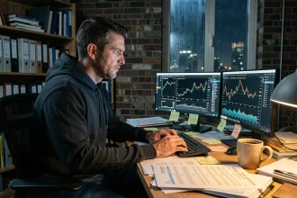 Homme concentré devant des graphiques boursiers sur double écran dans un bureau encombré de nuit, illustrant la stratégie de manipulation boursière dans GTA 5