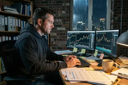 Homme concentré devant des graphiques boursiers sur double écran dans un bureau encombré de nuit, illustrant la stratégie de manipulation boursière dans GTA 5