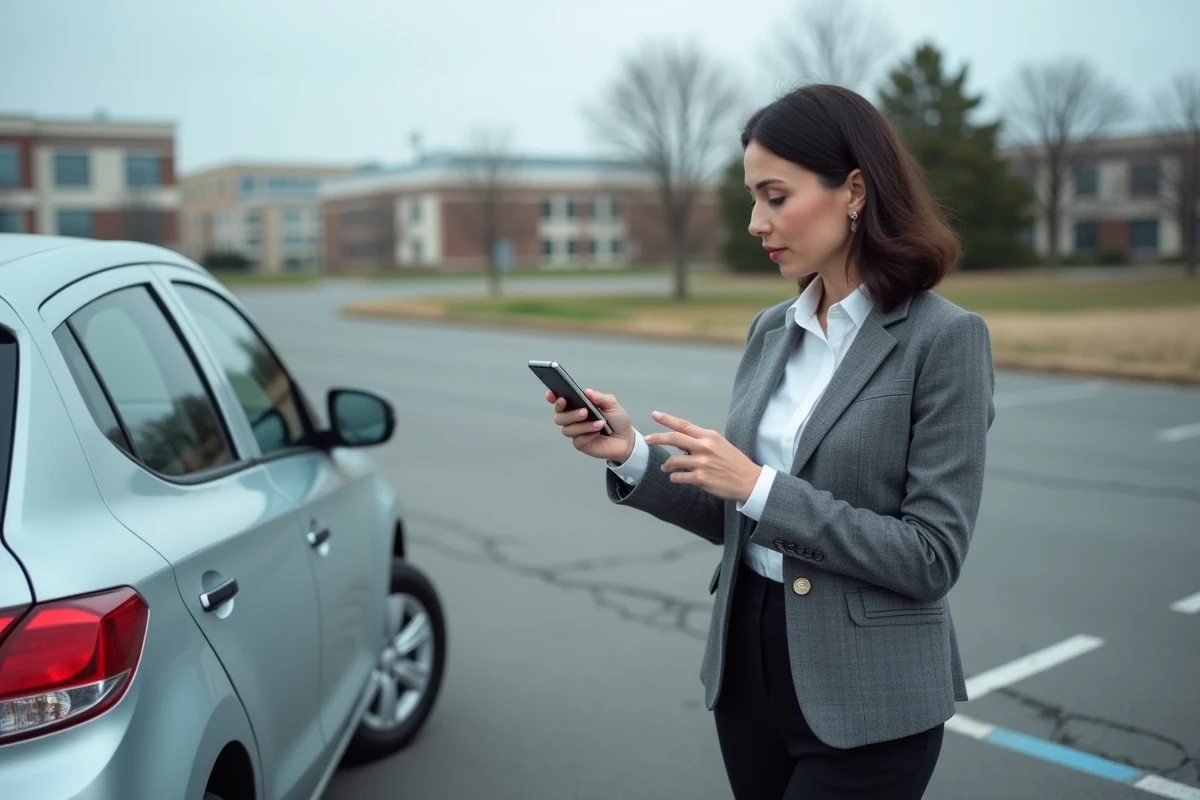 Femme debout près de sa voiture consultant une application de suivi kilométrique sur smartphone pour sa déclaration fiscale 2026