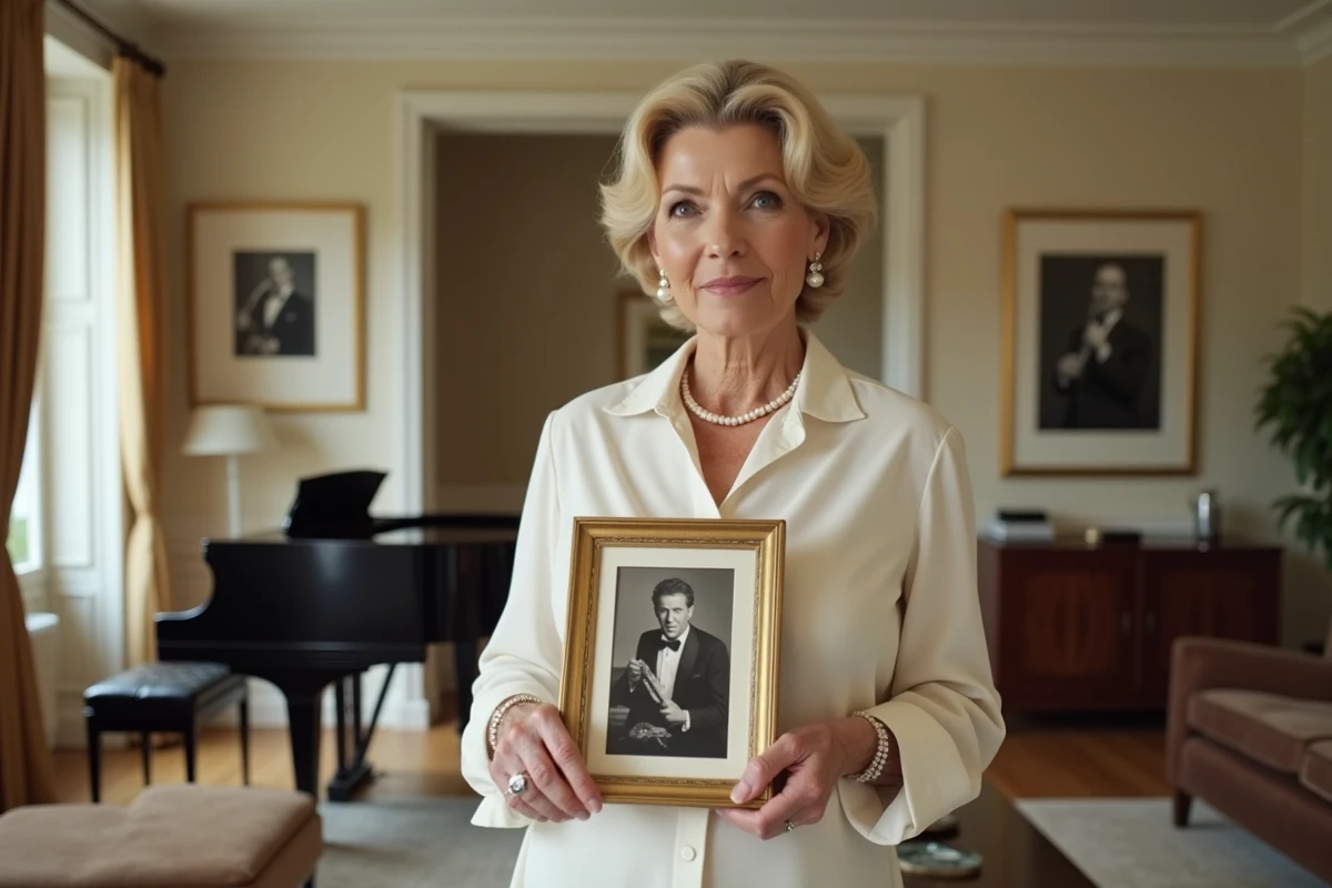 Femme élégante aux cheveux blonds tenant une photographie de concert vintage dans un appartement parisien luxueux orné de souvenirs musicaux, symbolisant l'héritage artistique de Sylvie Vartan