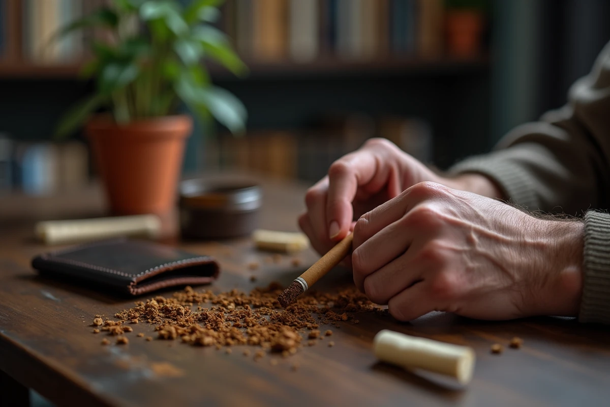 Mains roulant une cigarette avec du tabac à rouler et un portefeuille ouvert sur un bureau en bois, alternative économique en Belgique