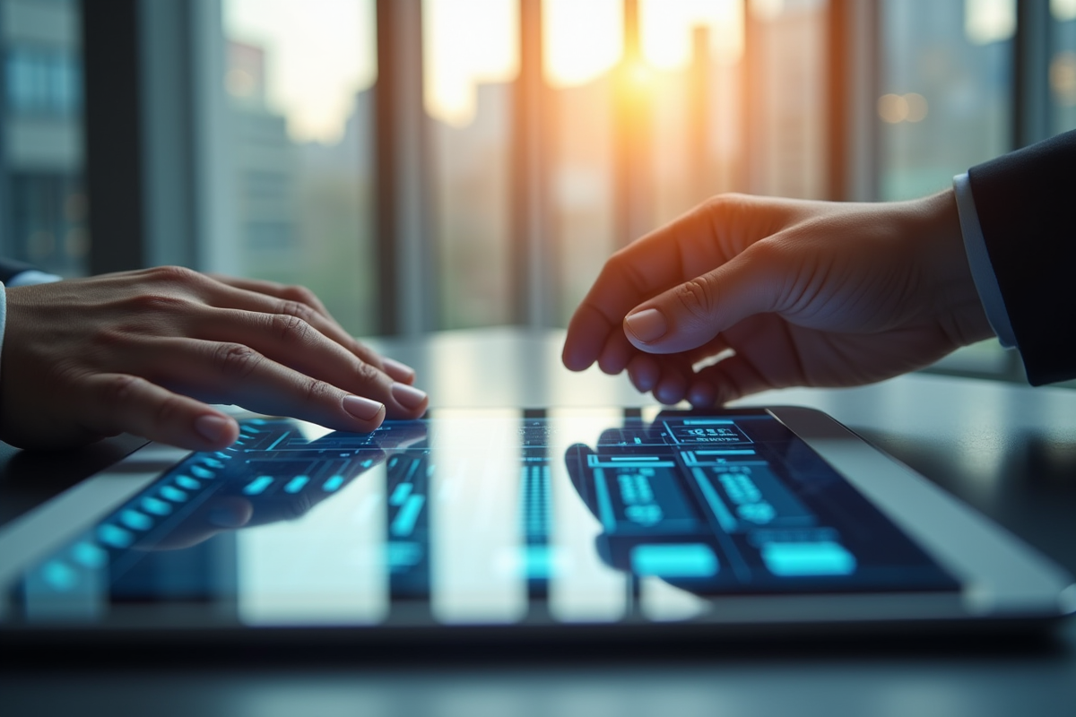 Tablette affichant graphiques financiers et icones blockchain