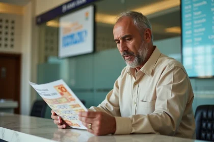 Homme marocain consultant un tableau de taux de change dirham-euro dans une banque moderne à Casablanca