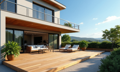 Terrasse en bois moderne attachée à une maison contemporaine avec mobilier extérieur