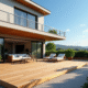 Terrasse en bois moderne attachée à une maison contemporaine avec mobilier extérieur