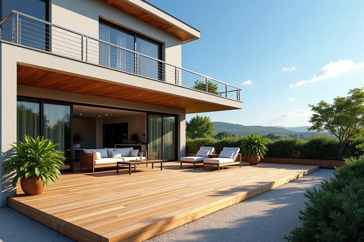 Terrasse en bois moderne attachée à une maison contemporaine avec mobilier extérieur