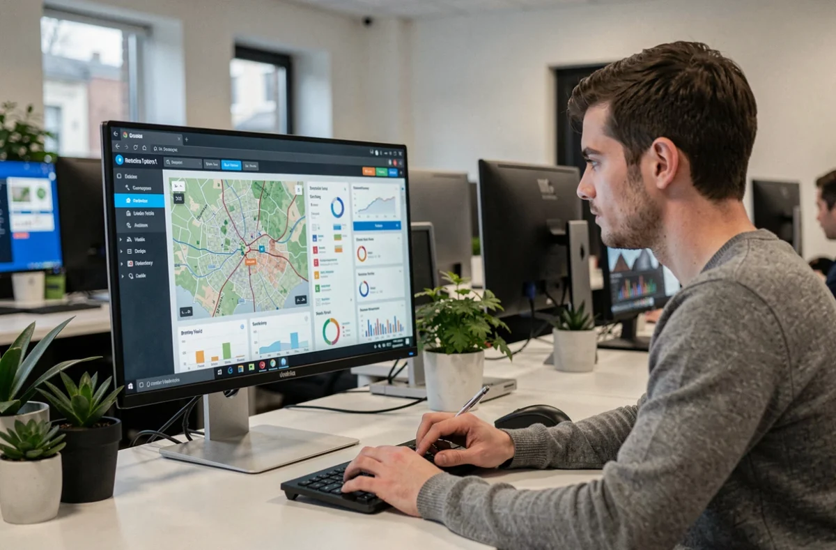 Un analyste de Trackstone consulte des données de rendement locatif sur des tableaux de bord interactifs de la Bretagne