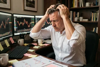 Trader stressé face à des graphiques boursiers en baisse sur plusieurs écrans, illustrant les erreurs psychologiques en bourse