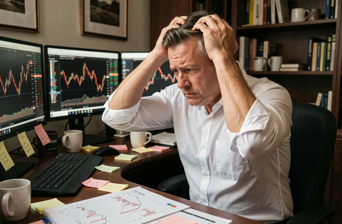 Trader stressé face à des graphiques boursiers en baisse sur plusieurs écrans, illustrant les erreurs psychologiques en bourse