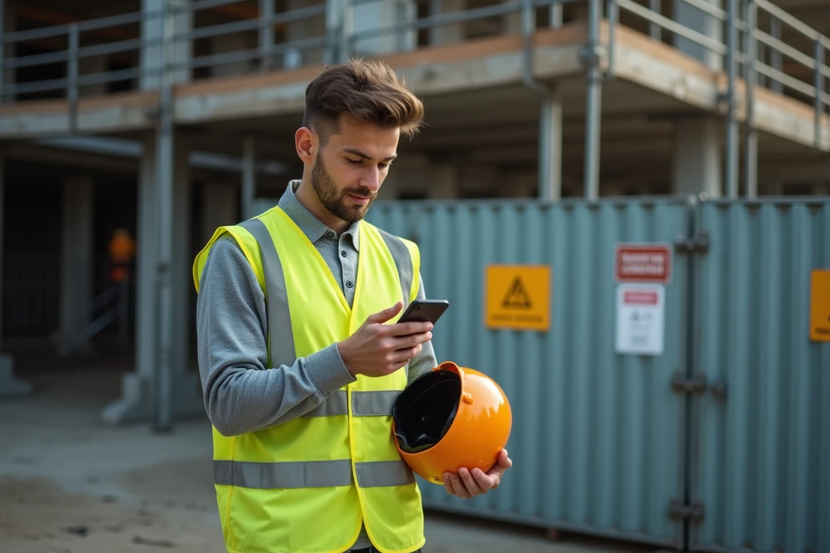 Travailleur intérimaire sur un chantier consultant son téléphone, représentant les droits à la prime d'activité pour les contrats d'intérim en 2026