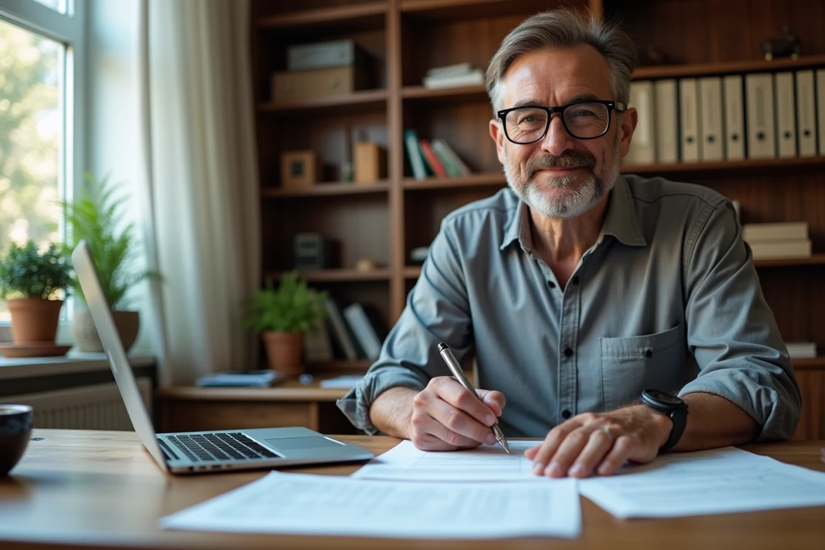 Trésorier d'une association remplissant un formulaire d'ouverture de compte CIC à son bureau à domicile