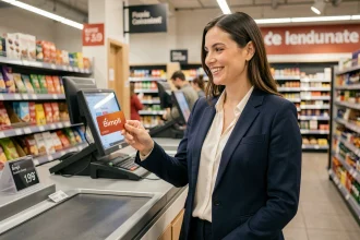 Femme utilisant une carte cadeau Bimpli CADO à la caisse d'un supermarché partenaire en France